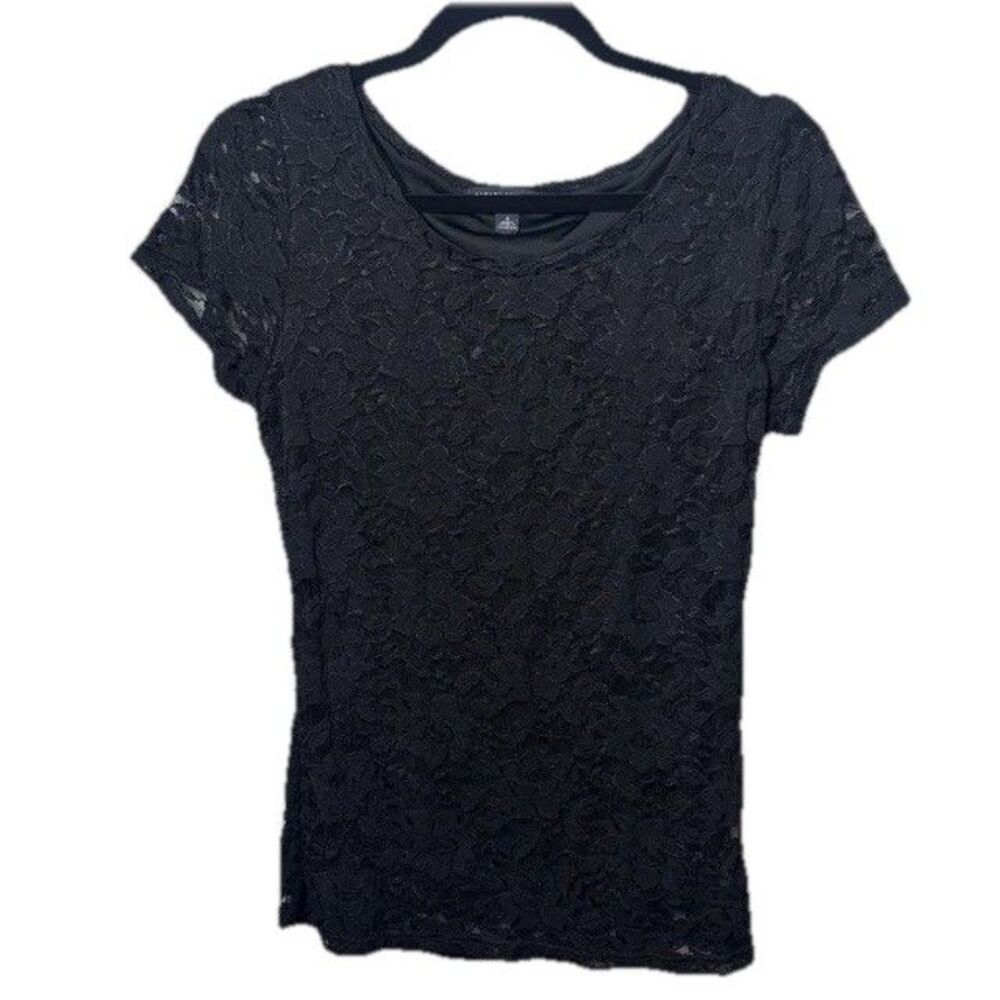 Banana Republic Womens Top S Black Lace Floral Short Sleeve Blouse Lined Gothic